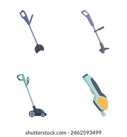 Lawn mower icons set cartoon vector. Electric lawn mower and grass trimmer. Gardening equipment