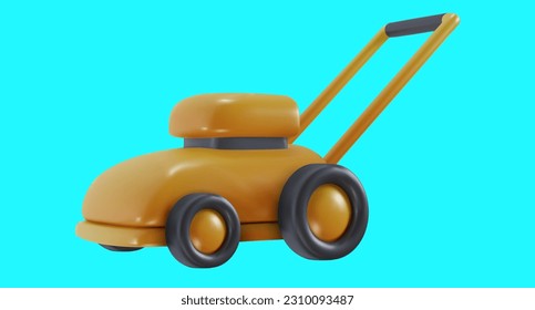 Lawn mower isolated on blue background. Garden technology equipment. 3d cartoon design element in minimal style. Vector icon or illustration.