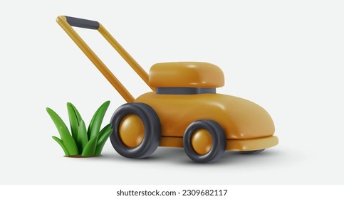 Lawn mower isolated on white background. Garden technology equipment. 3d cartoon design element in minimal style. Vector icon or illustration.