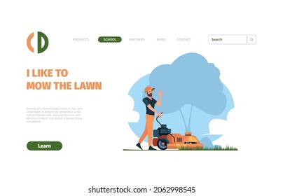 Lawn mower landing. Gardeners working grass care and cutting garish vector web page template