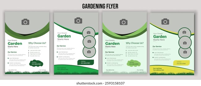 Lawn mower landscaping garden service flyer brochure cover template. Tree and gardening service poster leaflet design. lawnmower flyer template.
