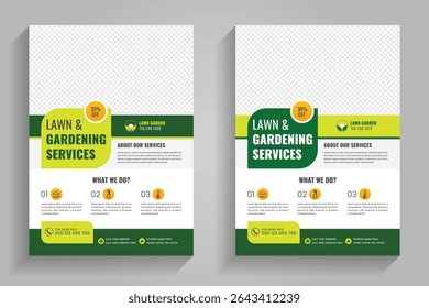 Lawn mower landscaping garden service flyer brochure cover template. Lawn and gardening or landscaping service flyer template