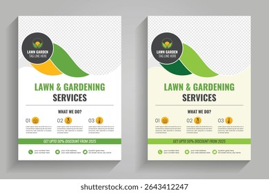 Lawn mower landscaping garden service flyer brochure cover template. Lawn and gardening or landscaping service flyer template