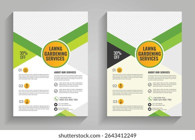 Lawn mower landscaping garden service flyer brochure cover template. Lawn and gardening or landscaping service flyer template