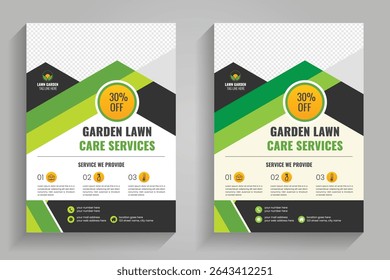 Lawn mower landscaping garden service flyer brochure cover template. Lawn and gardening or landscaping service flyer template
