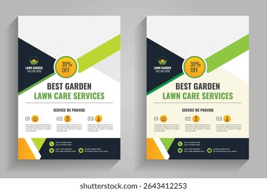 Lawn mower landscaping garden service flyer brochure cover template. Lawn and gardening or landscaping service flyer template