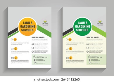 Lawn mower landscaping garden service flyer brochure cover template. Lawn and gardening or landscaping service flyer template