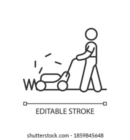 Lawn mower linear icon. Groundskeeper. Grass cutter. Landscape maintenance. Cutting grass. Thin line customizable illustration. Contour symbol. Vector isolated outline drawing. Editable stroke