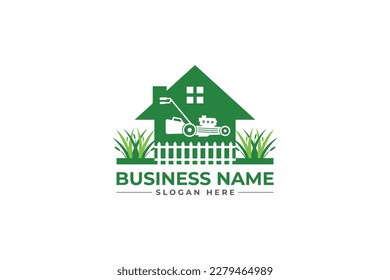  lawn mower logo with home. lawn care, grass trimming, landscape, grass, agriculture concept logo design