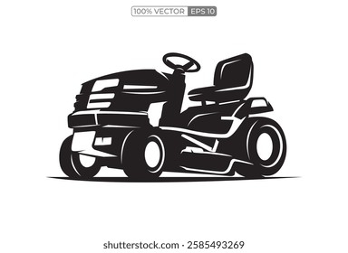 Lawn mower logo on white background. Logo featuring a man mowing the grass for brand