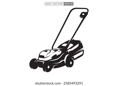 Lawn mower logo on white background. Logo featuring a man mowing the grass for brand. vector template