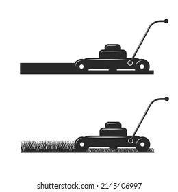 Lawn mower logo side view black and white vector illustration in minimal style, without lawnmower mows grass lawn.