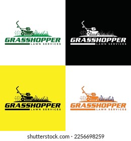 Lawn Mower Logo Vector Icon Illustration. Grasshopper design logo vector for business. It's using a demo name and tagline.