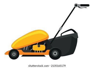 Lawn mower machine in green color. Trimming, pruning and cutting grass electric or petrol mower work tool for garden. Flat cartoon icon isolated on white background