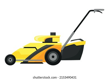 Lawn mower machine in green color. Trimming, pruning and cutting grass electric or petrol mower work tool for garden. Flat cartoon icon isolated on white background