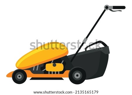 Lawn mower machine in green color. Trimming, pruning and cutting grass electric or petrol mower work tool for garden. Flat cartoon icon isolated on white background
