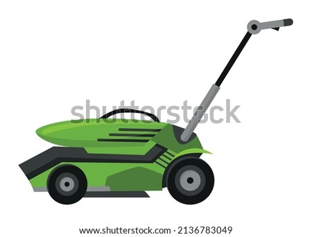 Lawn mower machine in green color. Trimming, pruning and cutting grass electric or petrol mower work tool for garden. Flat cartoon icon isolated on white background