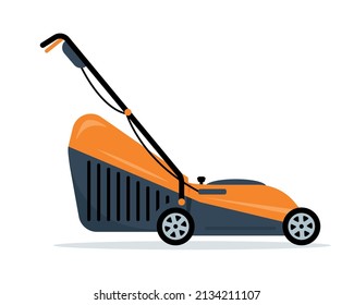 Lawn mower machine icon. Electric work tool for Mowing, Trimming, pruning or cutting grass in garden. Gardening grass-cutter. Vector illustration icon isolated on white background.