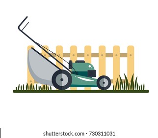 Lawn mower machine icon technology equipment tool, gardening grass-cutter with grass and fence isolated on white background - vector stock illustration.