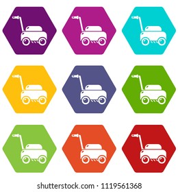 Lawn mower machine icons 9 set coloful isolated on white for web