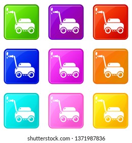 Lawn mower machine icons set 9 color collection isolated on white for any design