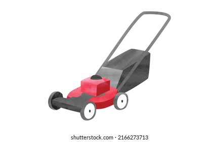 Lawn mower machine watercolor drawing. Simple lawn mower clipart vector illustration isolated on white background. Lawn mower cartoon style hand draw. Gardening clipart. Push mower vector design