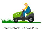 Lawn mower for mow of grass. Man on lawnmower mowing garden. Tractor ride on field. Gardener care for green. Summer gardening. Professional job in agriculture. Equipment for cut. Vector.