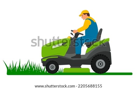 Lawn mower for mow of grass. Man on lawnmower mowing garden. Tractor ride on field. Gardener care for green. Summer gardening. Professional job in agriculture. Equipment for cut. Vector.