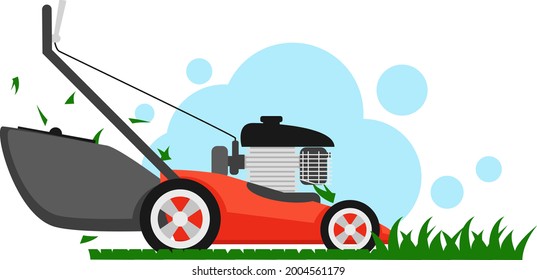 A lawn mower mows green grass on a white background. Lawn care