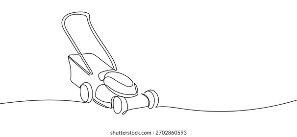 Cortador de grama, cortador de grama, uma linha contínua em estilo linear simples Ilustração vetorial em estilo doodle.