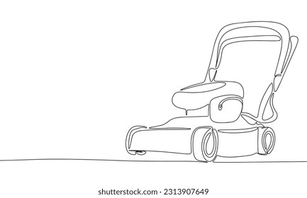 Lawn mower. One line continuous Lawn mower isolated on white background. Line art, outline, vector illustration.
