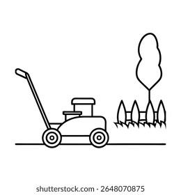 Cortador de grama estacionado ao lado da parede do jardim limpo cena da linha Vetor ilustração