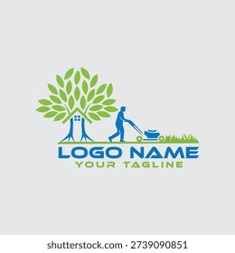 Lawn Mower with People Logo Vector Icon Illustration