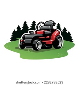 Lawn mower with pine trees on background illustration vector