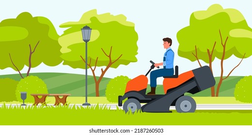 Máquina profesional con cortadora de césped. Jardinería que conduce máquinas de cortar pasto, equipamiento de huerto doméstico, actividad agrícola, cuidado de parques y jardines, ilustración de vector de vehículos de motor