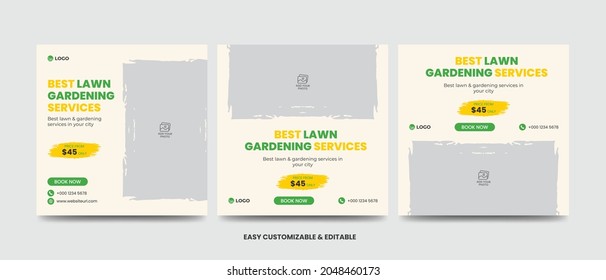 Lawn Mower Promotion Social Media Post Banner Design Template Set. Mowing Service Social Media Ads Banner Set