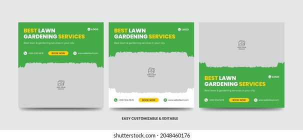 Lawn Mower Promotion Social Media Post Banner Design Template Set. Mowing Service Social Media Ads Banner Set