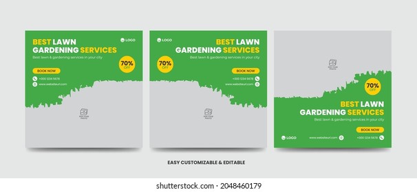 Lawn Mower Promotion Social Media Post Banner Design Template Set. Mowing Service Social Media Ads Banner Set