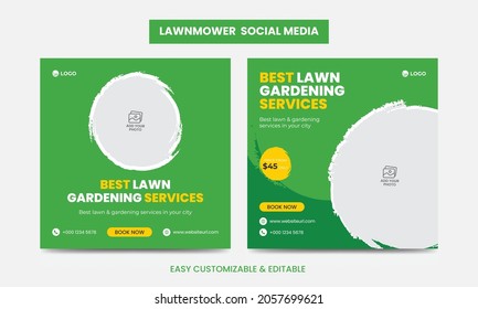 Lawn Mower Promotion Social Media Post Banner Design Template Set. Mowing Service Social Media Ads Banner