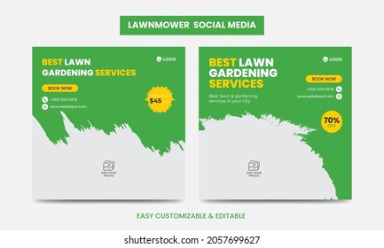 Lawn Mower Promotion Social Media Post Banner Design Template Set. Mowing Service Social Media Ads Banner