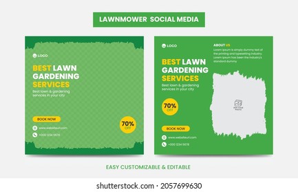 Lawn Mower Promotion Social Media Post Banner Design Template Set. Mowing Service Social Media Ads Banner