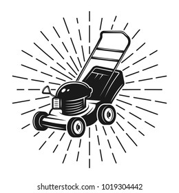 Lawn mower with rays vector monochrome illustration in vintage style isolated on white background