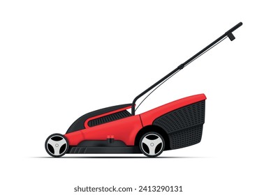 Lawn mower red gardening grass cutter machine with handle side view realistic vector illustration. Horticulture work electrical equipment for cutting and trimming vegetation care and landscape design