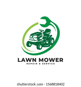 Lawn Mower Repair & Service Maintenance with Wrench Logo Vector Icon Illustration