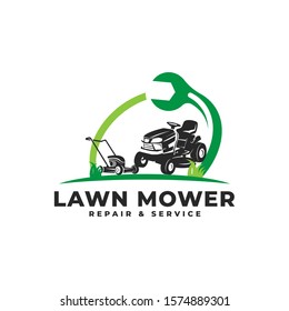 Lawn Mower Repair & Service Maintenance with Wrench Logo Vector Icon Illustration