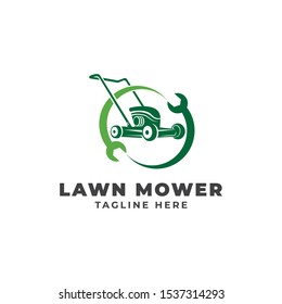 Lawn Mower Repair With Wrench Logo Vector Icon Illustration