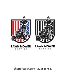 Lawn mower service logo icon isolated with america flag,Lawn mowing cutting grass,Gardener service logo icon isolated on white background vector illustration