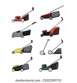 lawn mower set cartoon. care equipment, mover spring, mow work lawn mower sign. isolated symbol vector illustration