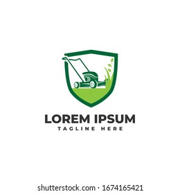 Lawn Mower Shield Care Garden Logo Vector Icon Illustration