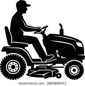 Lawn mower silhouette with man driving riding tractor, gardener cutting grass, landscaping service icon isolated on white background